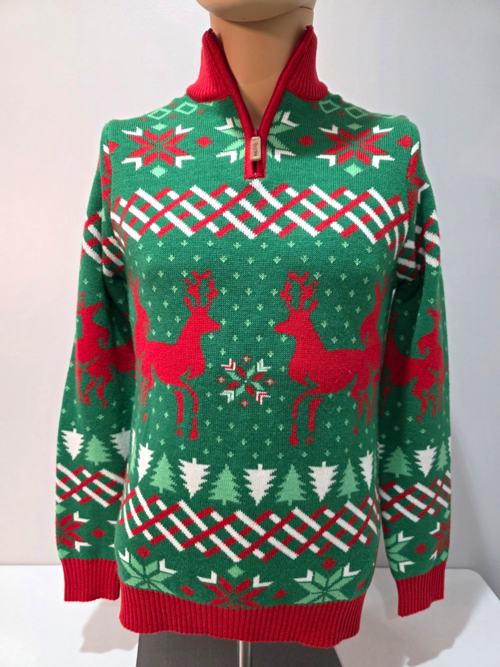 Tipsy Elves Christmas Sweater Womens Small Reindeer Green Red 1/4 Zip Ugly